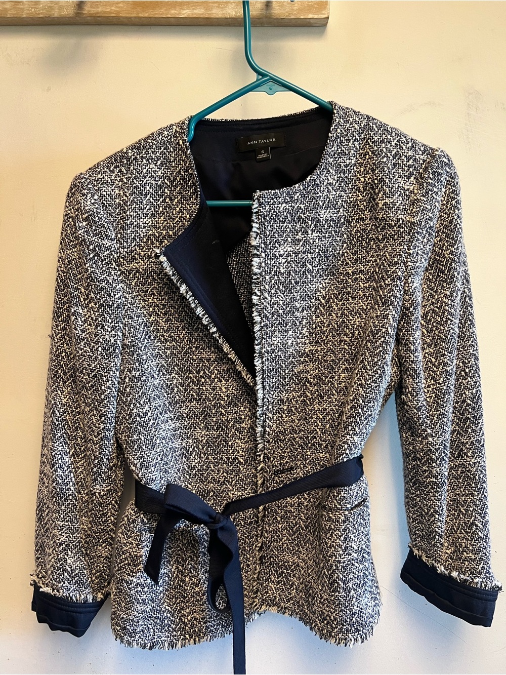 Ann Taylor Navy and White Tweed Belted Blazer